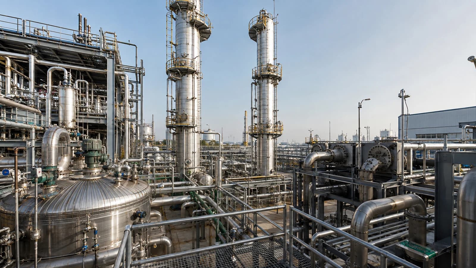 Chemical process plant with reactor vessels, distillation columns and pipework