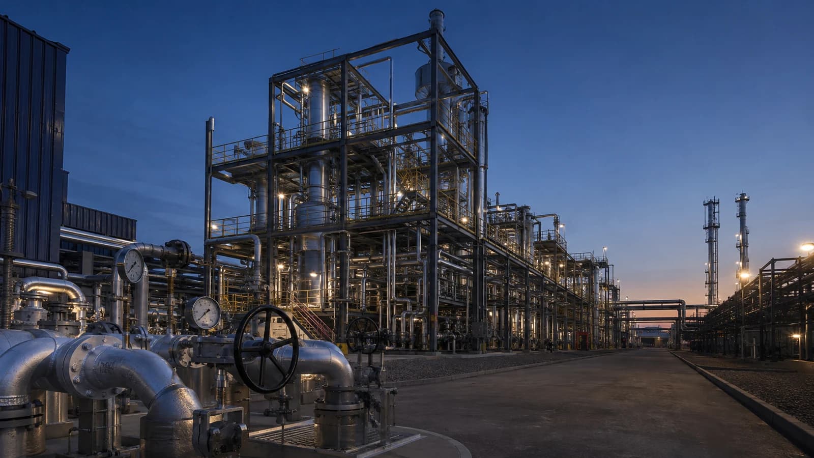 Chemical process plant and distillation columns lit for an evening production shift