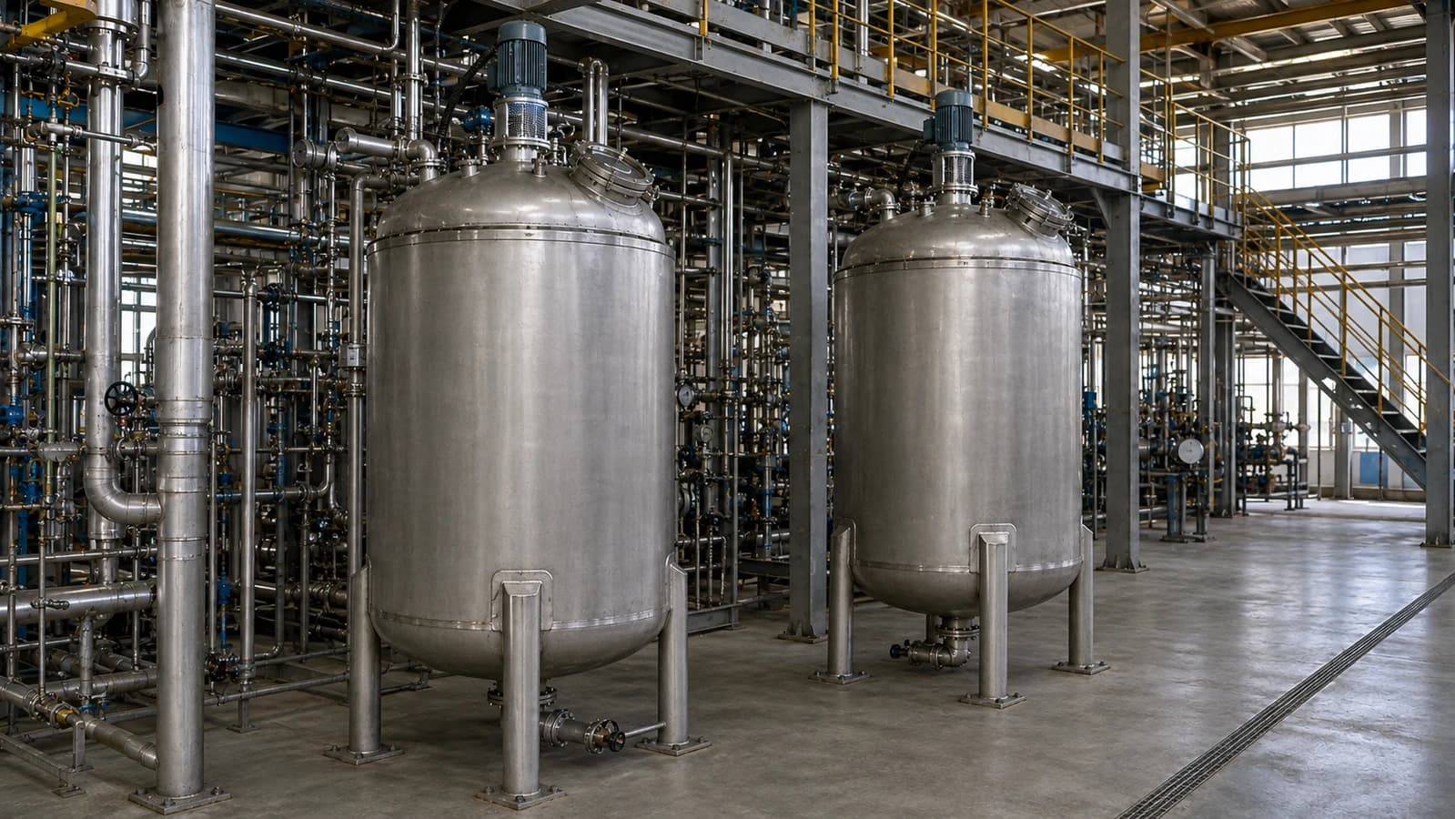 Stainless-steel batch reactors, agitator drives and connected process pipework inside a chemical plant